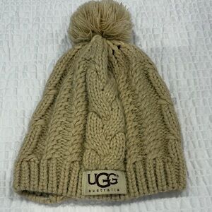 UGG Tan Cable Knit Beanie with Pom-Pom